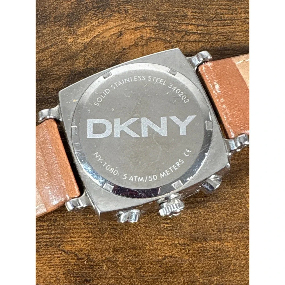 DKNY NY-1080 Chronograph Watch Square Stainless Steel Tan Leather Strap Silver